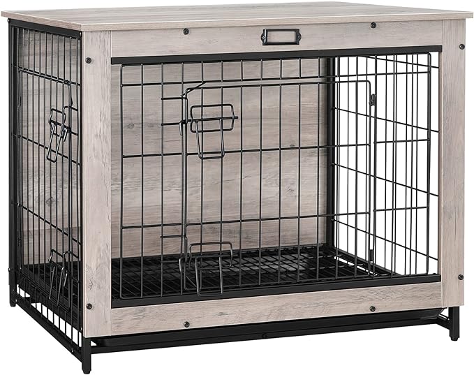 HOOBRO Dog Crate Furniture, 32.5" Medium Dog Kennel Indoor, Wooden Cage with Pull-Out Tray, Double Doors Pet House Side End Table for Medium/Small Dogs, Greige BG802GW03
