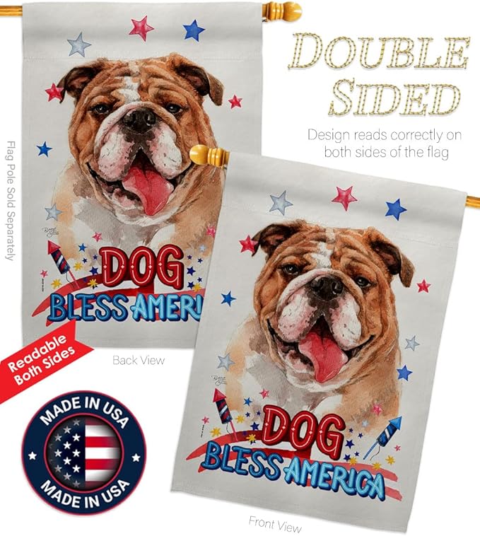 Breeze Decor Patriotic Bulldog House Flag Pack Dog Puppy Spoiled Paw Canine Fur Pet Nature Farm Animal Creature Applique Decoration Banner Small Garden Yard Gift Double-Sided, Made in USA