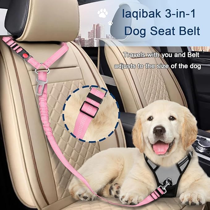 Dog Seat Belt for car, 3 Piece Set Retractable Dog Car Harness 2 Pack Adjustable Seatbelt for Dog in car, Nylon Pet Safety Seat Belts Tether Heavy Duty and Reflective Dog car Leash, Pink