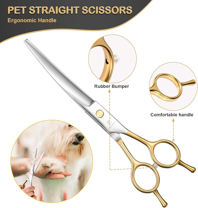 6 in 1 Dog Grooming Scissors Set - Durable Stainless Steel Golden Dog Grooming Shears Curved, Thinning & Straight - Poodle Grooming Kit Dog Groomer Gifts with Safe Tips for Home DIY/Professional Use