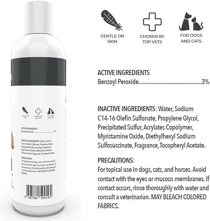 Smiling Paws Pets - Itch Relief Shampoo & Brush for Pets - Contains Benzoyl Peroxide - Kills Fleas - Relieves Allergies, Itching, Dermatitis, Mange, Dandruff, Acne, Demodex, Seborrhea, Pyoderma - 12oz