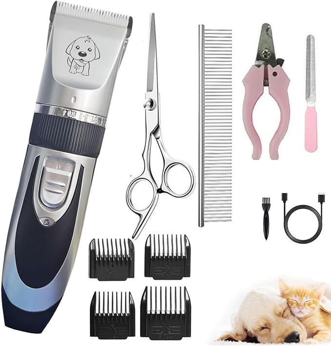 Dog Clippers Cat Clippers for Grooming Low Noise, Rechargeable, Cordless, Pet Shaver for Matted Hair, Quiet Animal Trimmer Pet Hair Thick Coats, for Dogs, Cats, Rabbits (Gray)
