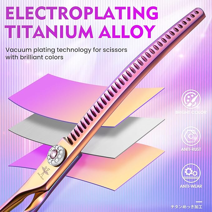 PURPLEBIRD Curved Shears Dog Grooming Chunkers, 7 inch Professional Thinning Scissors Safety Blunt Tip Trimming Scissors for Dogs Cats Face Paws Limbs Japanese Stainless Steel (Multicolor)