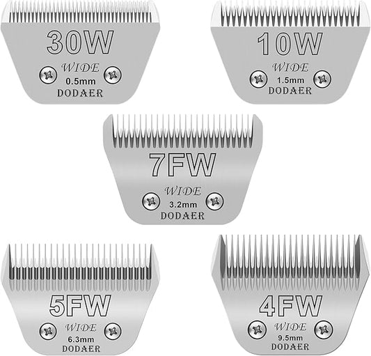 Size 30W+10W+7FW+5FW+4FW Detachable Dog,Cat,Sheep & Horse Grooming Wide Blades Set,Compatible with Andis,Oster A5,Wahl KM10 Series Clippers,Cut Length 1/50"(0.5mm) to 3/8”(9.5mm),5 Pack