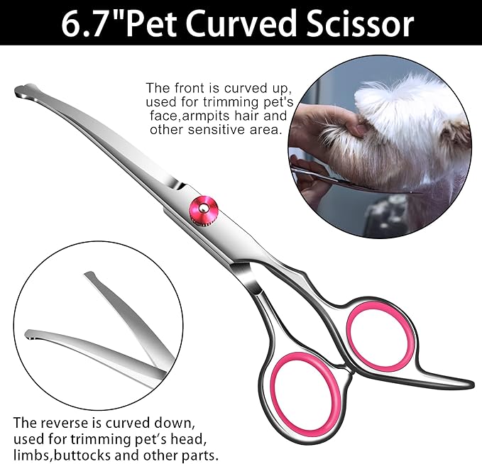 Pink Dog Grooming Scissors with Safety Round Tip,Pet Grooming scissors Kit,Dog Shears for Grooming,Incude Thinning,Curved Grooming Scissors and Comb for dogs, cats.Suitable for The Right Hand