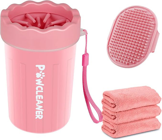 Dog Paw Cleaner for Dogs, (with 3Pcs Absorbent Towels & Adjustable Bath Brush) Dog Paw Washer, Pet Foot Cleaner (Pink, Medium)