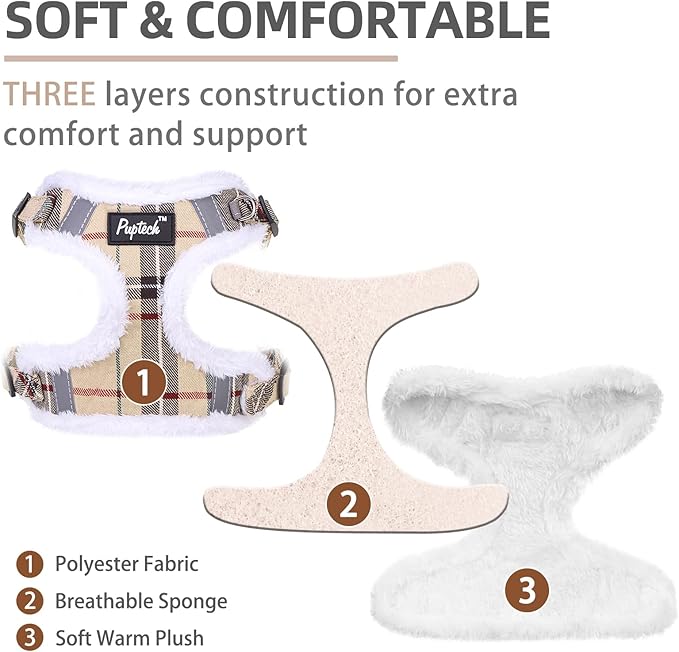 PUPTECK No Pull Dog Harness and Leash Set Reflective No Choke Step in Puppy Halter for XS Small and Medium Sized Dogs, Beige Plaid, Plush, XS