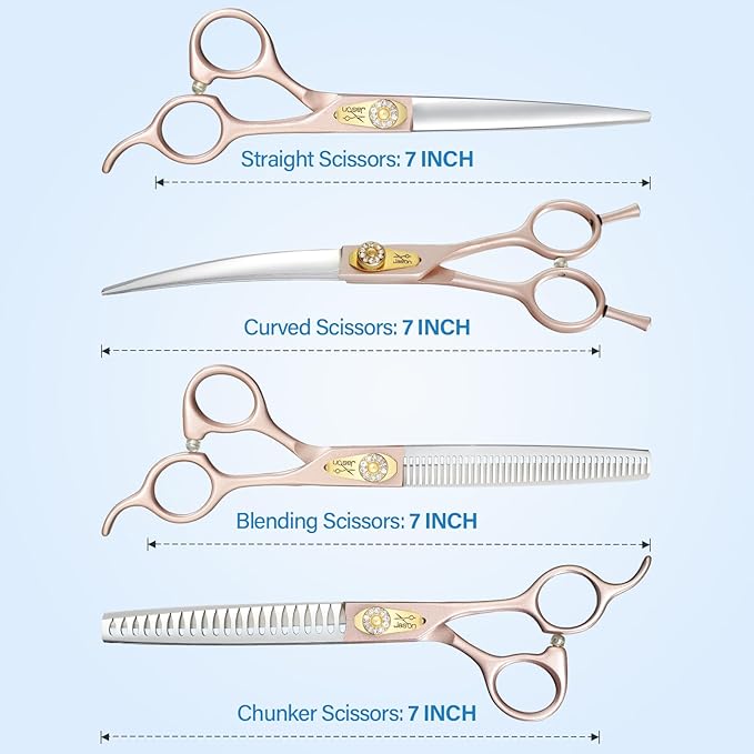 JASON Professional Dog Grooming Scissors Set - 6 in 1 Sharp Shears Set With 7" Thinning, Chunker, Straight, Curved Shears and Comb for Cat Pet, Rosegold