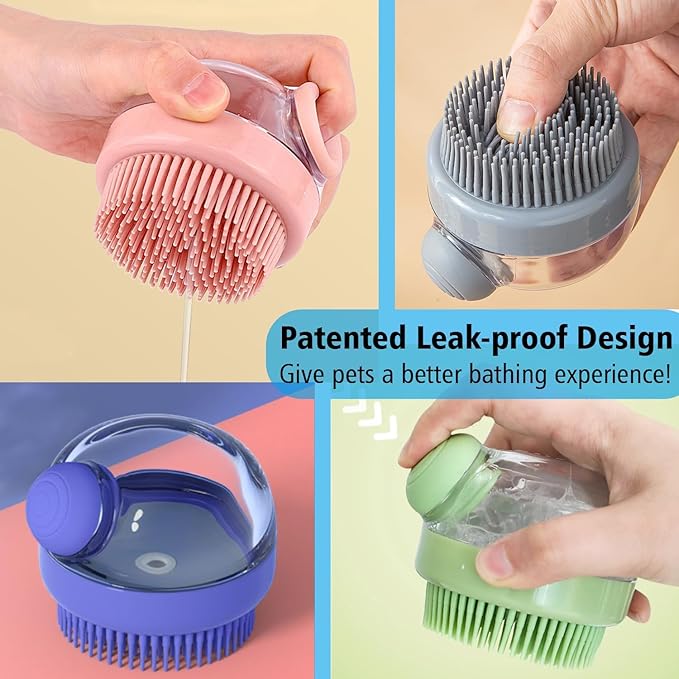 Dog Bath Scrubber Brush Pet Dog Grooming Massage Shampoo Bath Brush with Soap and Shampoo Dispenser Soft Silicone Bristle for Long Short Haired Dogs Cats Shower (PINK)