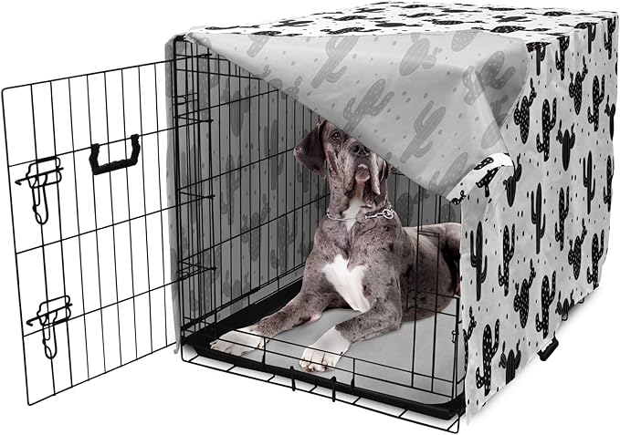 Ambesonne Cactus Dog Crate Cover, Monochrome Saguaro Succulent Botanical Continuous Pattern Plain Background, Easy to Use Pet Kennel Cover for Medium Large Dogs, 48 Inch, Charcoal Grey