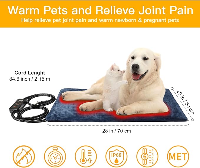 Toozey Pet Heating Pad, 6 Adjustable Temperature Dog Cat Heating Pad with Timer, Indoor Pet Heating Pads for Cats Dogs with Chew Resistant Cord, Electric Pads for Dogs Cats, Pet Heated Mat