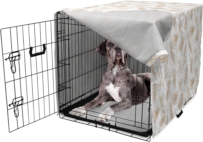 Lunarable Cream Dog Crate Cover, Fluffy Soft Flying Bird Feathers Hand Drawn Style Tender Nature Plumage Pattern, Easy to Use Pet Kennel Cover for Medium Large Dogs, 48 Inch, Pale Tan White