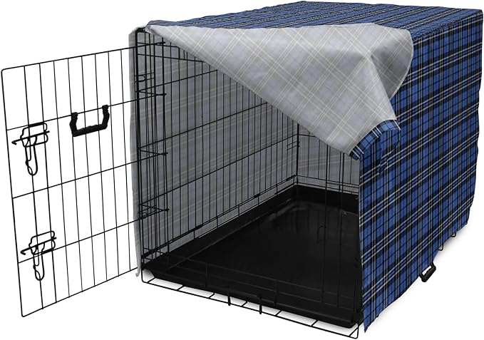 Lunarable Plaid Dog Crate Cover, Classical Old Fashioned Abstract Pattern Design Scottish Country Style, Easy to Use Pet Kennel Cover for Cats & Medium Dogs, 30 Inch, Violet Blue Black White