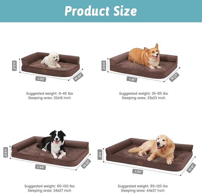 Orthopedic Dog Bed for Large Dogs,Washable Dog Sofa Beds Large, Supportive Foam Pet Couch Bed with Removable Washable Cover, Waterproof Lining and Nonskid Bottom, Brown (L,42" L x 30" W x 7.5" Th)