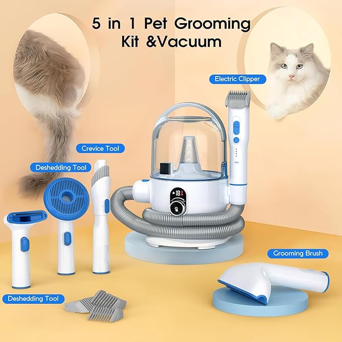 Pet Grooming Brush Kit 2L High Capacity Vacuum 99% Pet Hair Not Easy to Block, Low Noise Removable for Cats and Dogs Grooming Brush Kit, One-Click Clean and 16 Levels of Suction Adjustment (White)