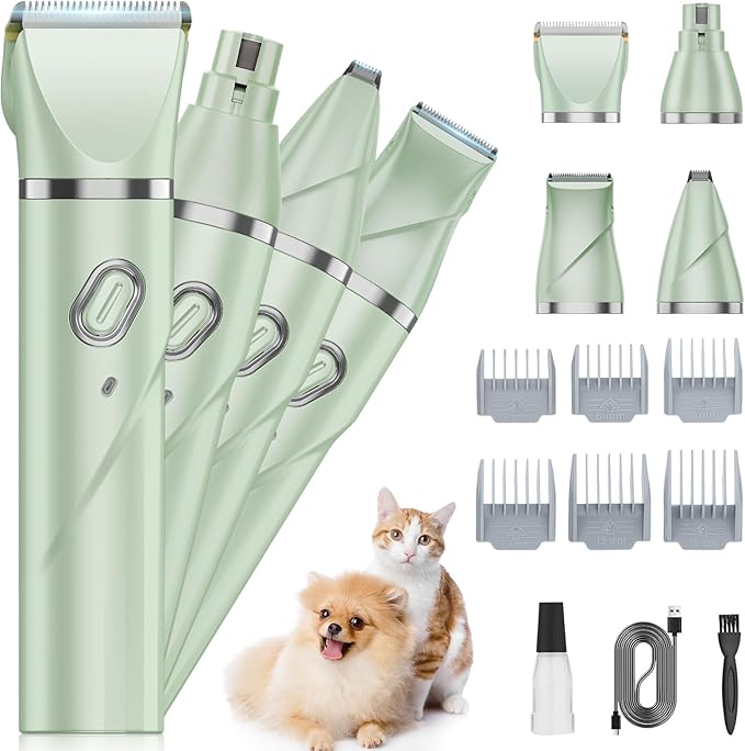 Upgrade Dog Grooming Kit, Cordless Dog Paw Trimmer, 4 in 1 Low Noise Pets Hair Clipper Grooming Kit, 2-Speed Nail Grinder with Stainless Steel Blade for Small Pet with Thick Coats (Green)