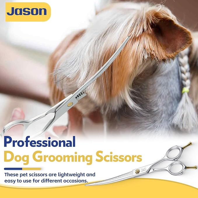 JASON 7" Dog Grooming Scissors - Up-curved Thinning Shears with 25%-30% Thinning Rate, Japanese 440C Stainless Steel Dog Blenders for Grooming with Adjustable Screw (32 Teeth, Silver)