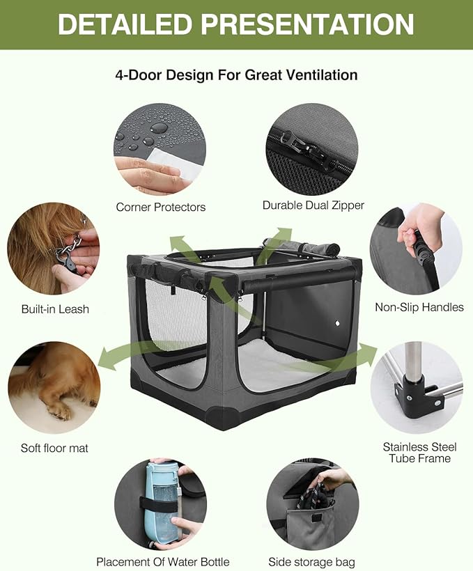 30-Inch Collapsible Travel Dog Crate, Portable 4-Door Soft Kennel for Medium to Large Dogs, Chew-Proof Mesh Windows, Indoor/Outdoor Use, Foldable, with Storage Bag (Grey)