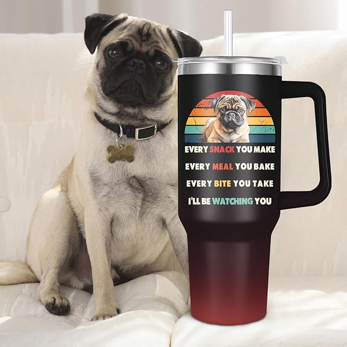 Pug Tumbler for Dog Owner Gift,Pug Water Bottle with Handle Insulated Reusable Stainless Steel 40oz (Pug)