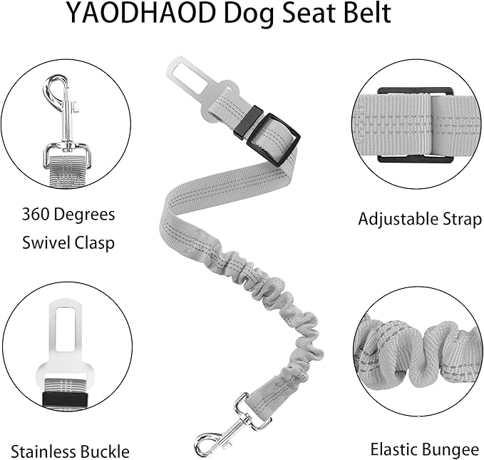 YAODHAOD Dog Seat Belt for Car with Elastic Bungee Buffer, Adjustable Pets Dog Car Harness, Heavy Duty Nylon Seatbelts Safety Tether,Universal Fit Cars Truck SUV Travel Accessories (2PCS) (Gray)