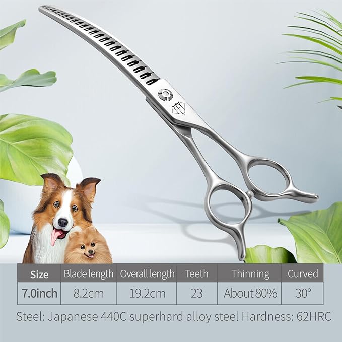 Professional Pet Grooming Scissors, Curved Chunker with Gradient Teeth, JP440C Steel, 80% Thinning Efficiency (7 inch)