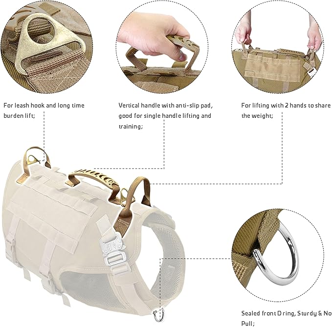 PET ARTIST Tactical Dog Harness for Hiking Training, No Pull Vest Harness for Medium Large Dogs, with Pouches and Patches Coyote Brown, XL