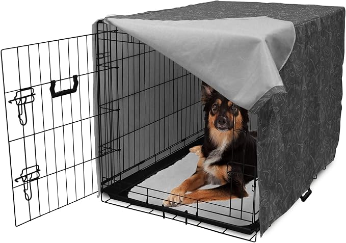 Ambesonne Fishing Theme Dog Crate Cover, Monochrome Illustration with Hand Drawing Angling and Camping Objects, Easy to Use Pet Kennel Cover for Medium Large Dogs, 36 Inch, White and Grey