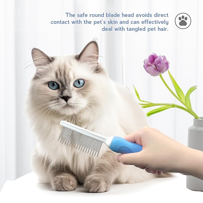 Detangling Pet Comb for Dog & Cat, Grooming Comb with Long & Short Stainless Steel Teeth, Safely Remove Knots & Tangles for Healthy Shiny Coat, Gentle Effective Detangling Tool for Pet Hair (Blue)