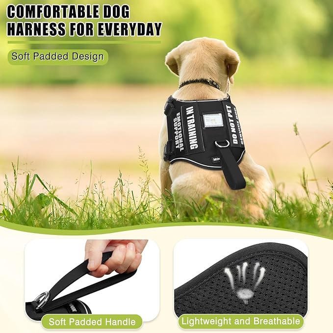 Service Dog Vest Harness+ID Tag+10 Patches,Metal Serivce Dog Tag&Reflective Emotional Support Dog Vest with Handle for Small Dogs,Easy Put On/Off for Training/Walking/Everyday Black XS