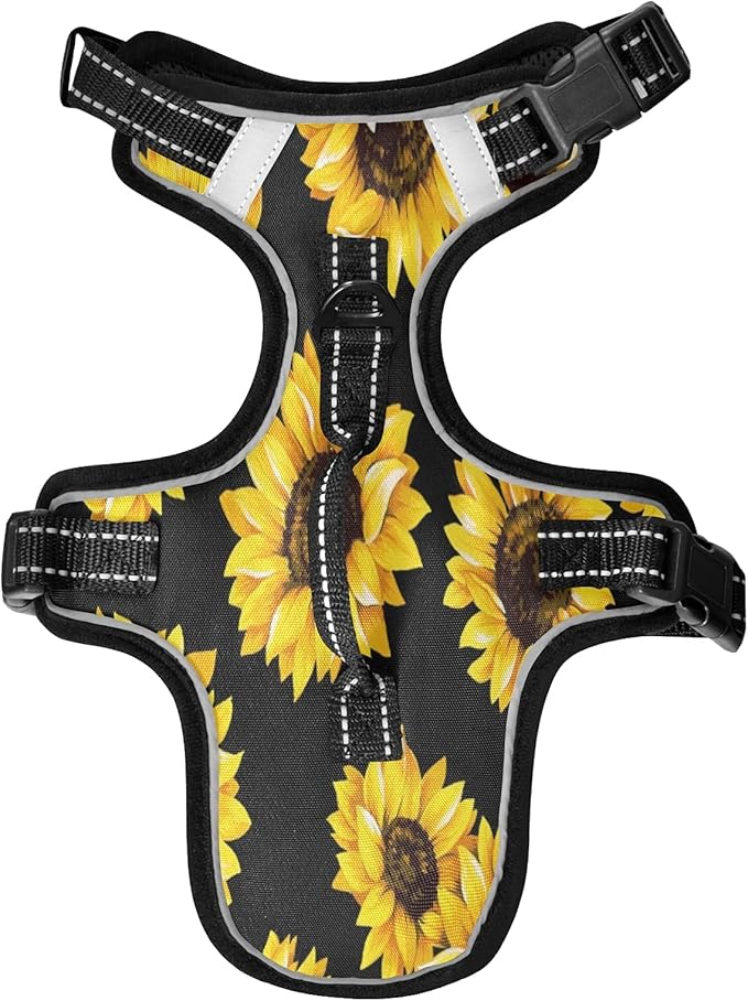 Beautiful Sunflower Flowers Floral Black Dog/Cat Harness,Adjustable Soft Padded Pet Vest Harness-Reflective No-Choke Pet Harness Easy Control Front Clip for Dog/Cats