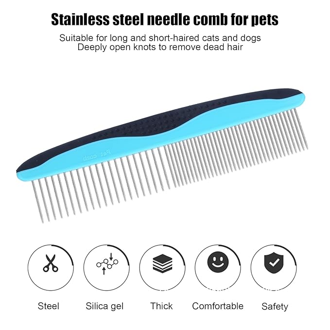 Pet Grooming Dematting Comb with Stainless Steel Teeth Detangling Tool for Knots, Loose Fur Non Slip Handle Comb for Cats Dogs Ideal for Long and Short Hair Pets