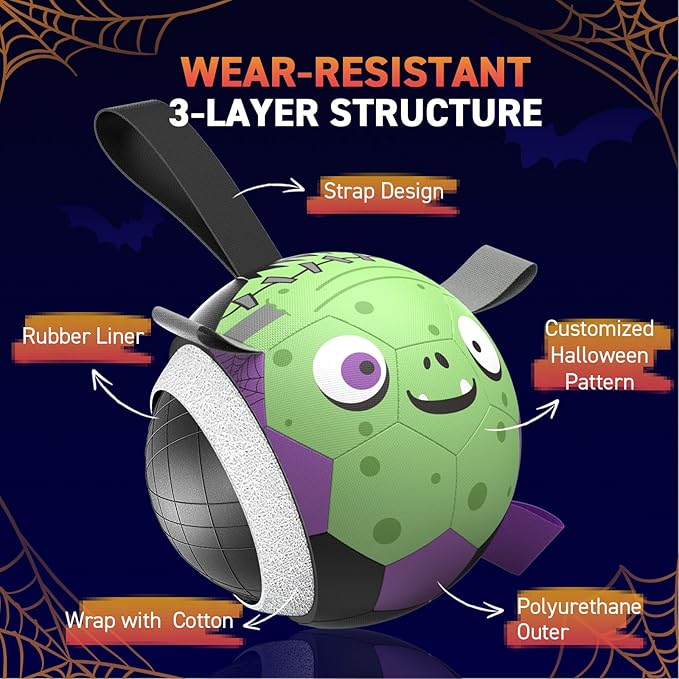 QDAN Halloween Dog Toys Soccer Ball: Premium Dog Soccer Balls with Straps- Outdoor Herding Balls Toys for Small Medium Dogs- Puppy Pet Birthday Gifts- 6 Inch Purple Green
