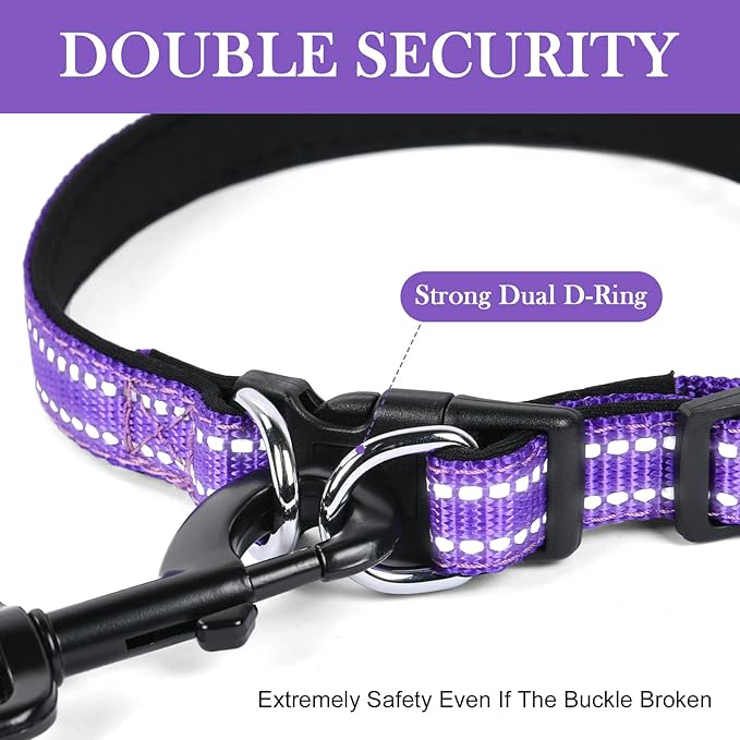 AUAUY Reflective Nylon Dog Collars, Adjustable Classic Pet Collars with Soft Neoprene Padding, Double Security Dual D-Ring and Quick Release Buckle for Small Puppy, Medium and Large Dogs (Purple-M)