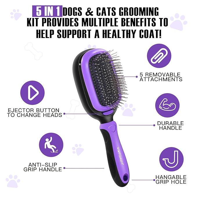 Dog Grooming Brush Kit 5-in-1 with Interchangeable Heads – Ideal for Medium & Large Dogs and Cats with Medium to Long Hair – Reduces Shedding, Removes Tangles, and Controls Loose Fur. Purple