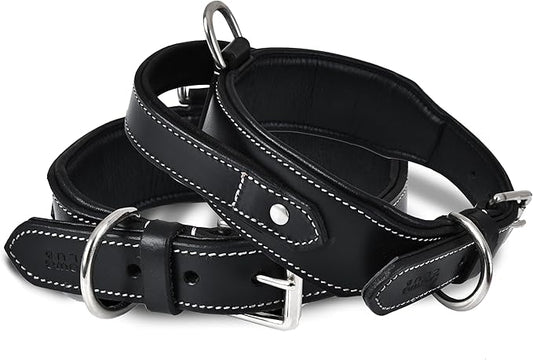 Leather Dog Collar with Handle, 2 Inch Wide Saddle Grade Black Leather Dog Collar for Extra Large Dogs | Heavy Duty, Comfortable, Inner Soft Padded | (XL (Fit Neck Size 22"-26"), Black)