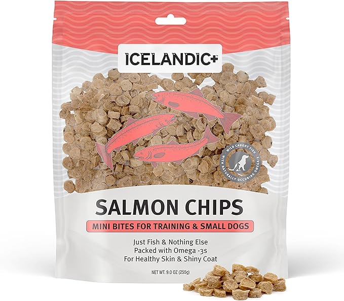 Icelandic+ Mini Fish Chips: Salmon 9oz - Dog Treats, for Training & Small Dogs, 2 Ingredient Air-Dried Crunchy Chips