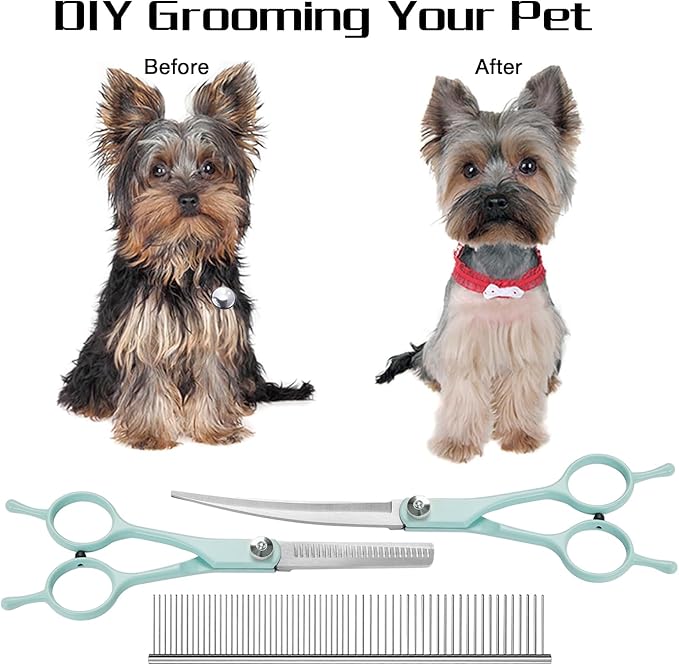 Professional Dog Grooming Scissors Set, 4 in 1 Dog Grooming Scissors Kit, Curved Dog Scissors Pet Thinning Shears, Pet Grooming Supplies, Blue