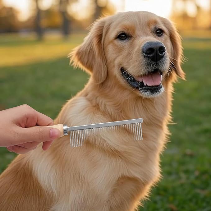 Pet Comb - Stainless Steel Teeth and Wooden Handle - Detangling and Smoothing Tool for Long and Short Hair Dogs and Cats