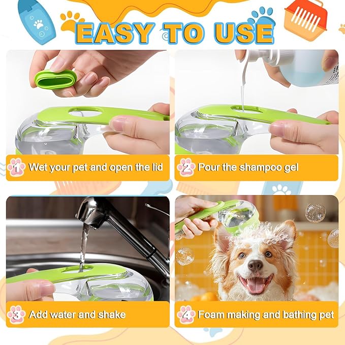 3Pcs Dog Bath Brush, Dog Scrubber for Bath, Dog Shampoo Brush Bubble Maker, Dog Paw Washer, dog grooming Massage Brush with Adjustable Ring Handle, dog accessories for Short & Long Hair -Green