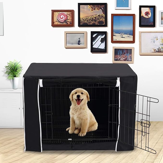 Dog Crate Cover for Wire Crates Kennel 2 Doors Heavy Duty Waterproof Windproof Soundproof Pet Cage Cover Home Decoration - Cover only - Black - Fits 42 Inch Crates