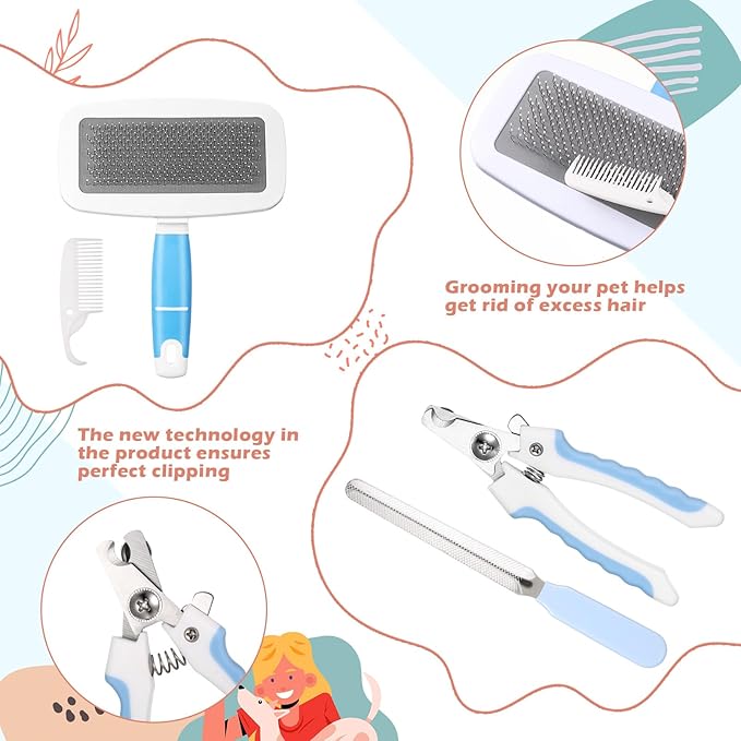 Baderke 6 Pcs Dog Grooming Set with Dog Bathing Leash with Suction Cup, Pin Comb, Straight Comb, Nail Clippers Set, and Bath Brush for Pet Bathing Shower Grooming