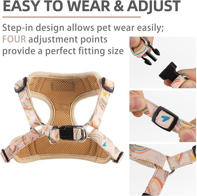 PUPTECK No Pull Dog Harness and Leash Set Reflective No Choke Step in Puppy Halter for XS Small and Medium Sized Dogs, Beige, Printed Fabric, M