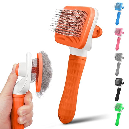 Dog & Cat Brush, Self Cleaning Slicker Brush for Pets, Upgraded Dog Brush for Shedding Massaging and Grooming, Removes Loose Undercoat & Portable Comb for Long Short Haired Dogs(Orange)