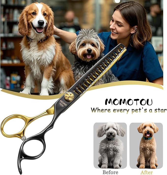 Black & Gold Professional Chunker Dog Grooming Scissors with Decorative Screw Sharp and Durable Japanese 440C Stainless Steel Pet Cat Texturizing Thinner Shears with Safe Round Tip 7.5''