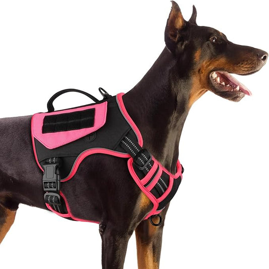 WINGOIN Tactical Dog Harness for Medium Dogs, No Pull Harness with Handle Pockets Poop Bag, Reflective Dog Vest, Military Service Heavy Duty Big Dog Harness for Walking Hiking Training, Black Pink, M