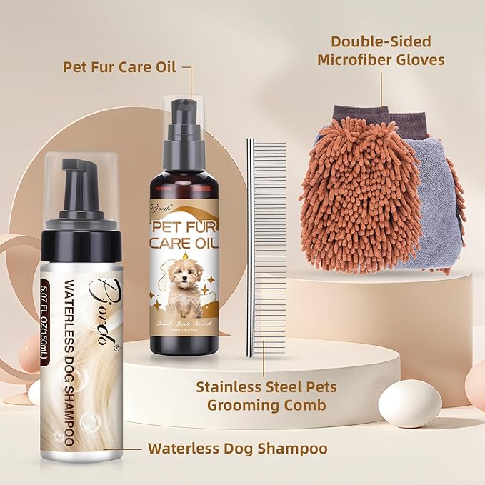 Waterless Dog Shampoo No Rinse Foam, Dog Dry Shampoo, with Pet Fur Care Oil, Pet Sensitive Glove & Stainless Steel Pets Grooming Comb, Clean Quickly, Soothe & Moisturize