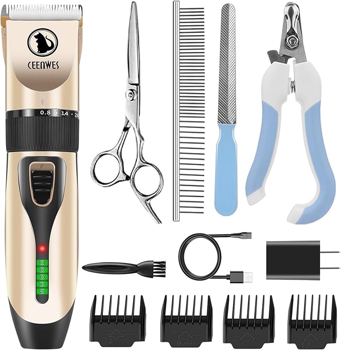 Power Display Dog Clippers Cordless Dog Grooming Kit Professional Horse Clippers Detachable Blade with 4 Comb Guides, Low Noise Pet Clippers Rechargeable Pet Grooming Tools for Dogs Cats Pets
