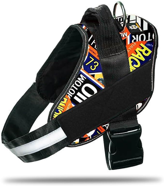 Non Pull Dog Harness with Patch Panels and Handle, Adjustable, Reflective, No Choke, Heavy Duty Easy On Service Dog Vest Harnesses for Medium Large Small Sized Dogs - Motorsport, 2XL