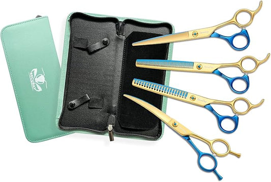 Dog Cat Scissors for Grooming, Pet Shears for Thick Coats and Matted Hair, Thinner Curved Straight Chunker Stainless Steel Shears Blue