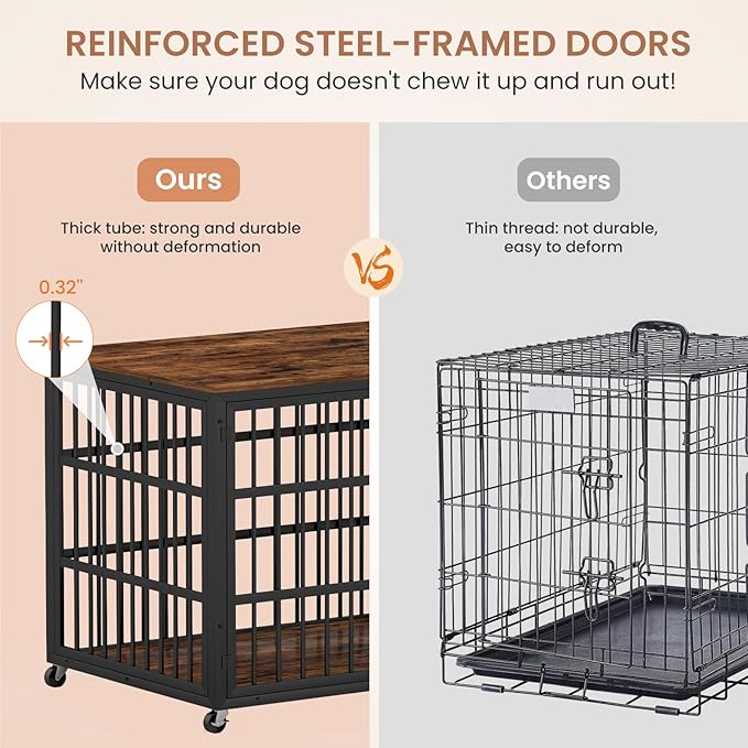 KEIKI Dog Crate Furniture, 43.3" Iron Dog Crate on Wheels with Side Openings, Double-Door Dog House for Small/Medium/Large Dog, Rustic Brown